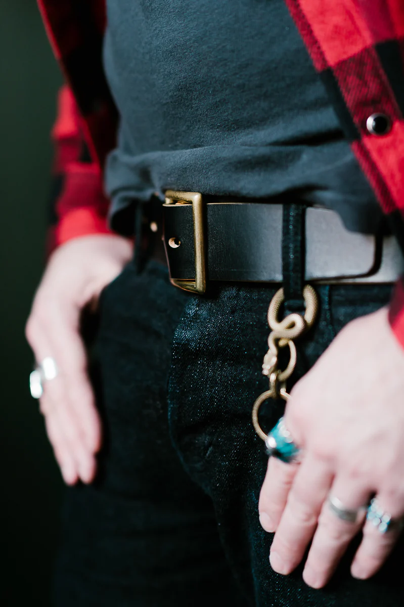 Vintage 1.75" Brass Buckle Leather Belt - Hand-Dyed Black - Image 13