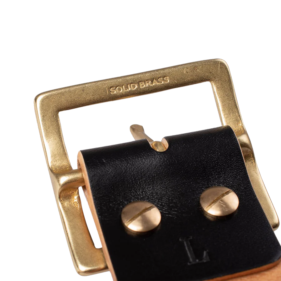 Vintage 1.75" Brass Buckle Leather Belt - Hand-Dyed Black - Image 4