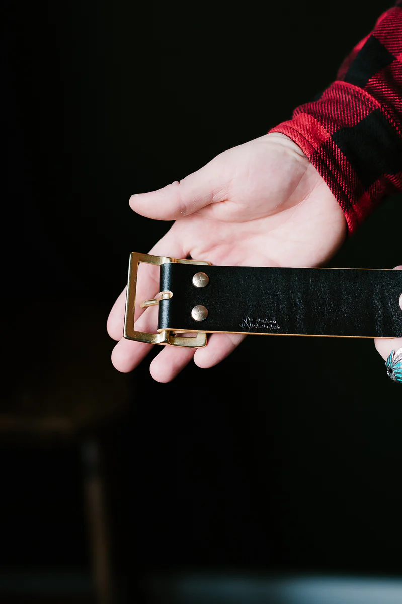 Vintage 1.75" Brass Buckle Leather Belt - Hand-Dyed Black - Image 8