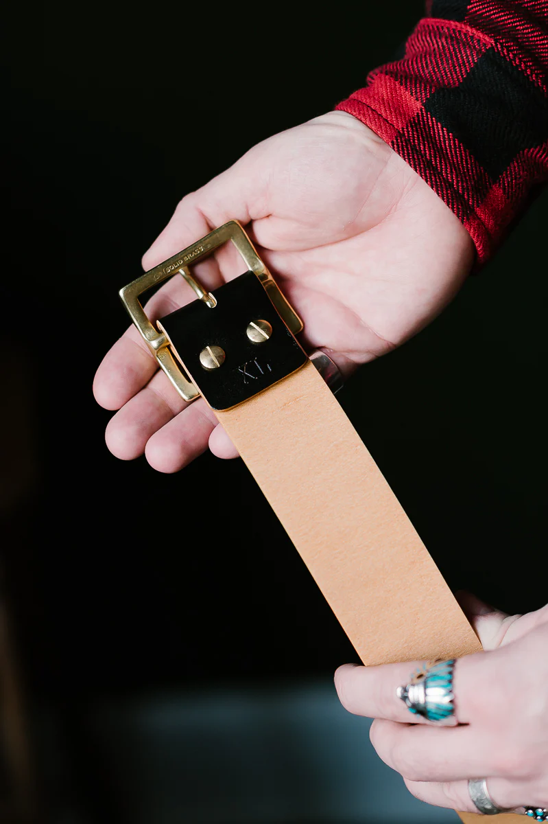Vintage 1.75" Brass Buckle Leather Belt - Hand-Dyed Black - Image 9