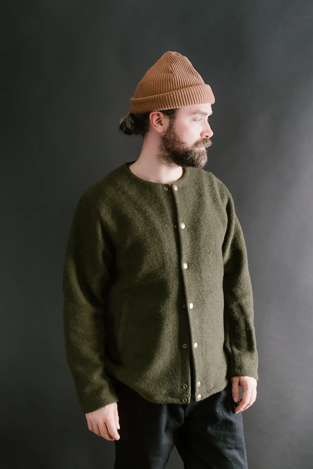 Wool Collarless Jacket - 20 Khaki - Image 10
