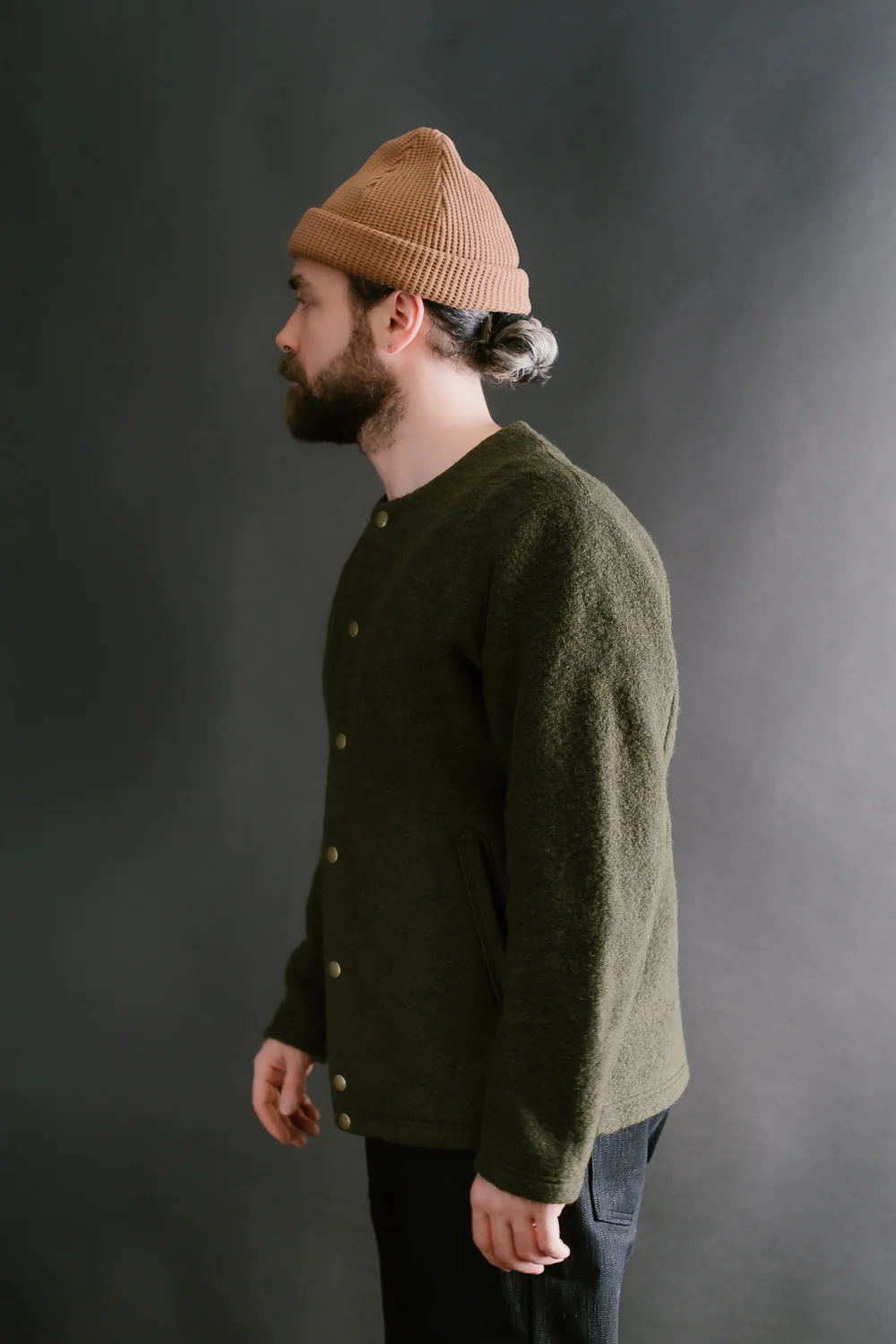 Wool Collarless Jacket - 20 Khaki - Image 13