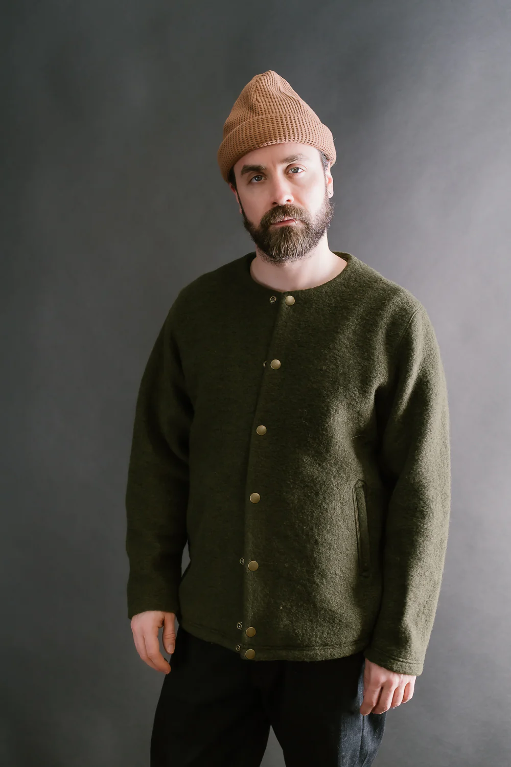 Wool Collarless Jacket - 20 Khaki - Image 14
