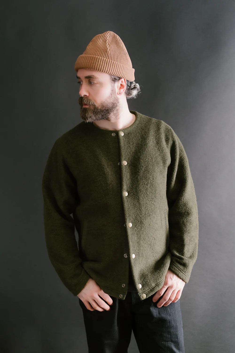 Wool Collarless Jacket - 20 Khaki - Image 15