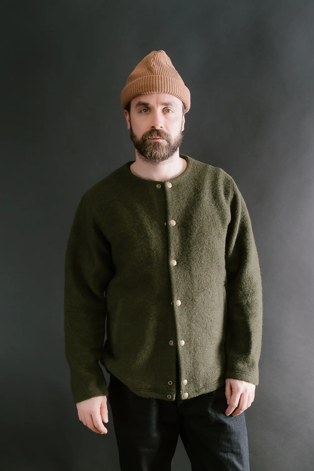 Wool Collarless Jacket - 20 Khaki - Image 9